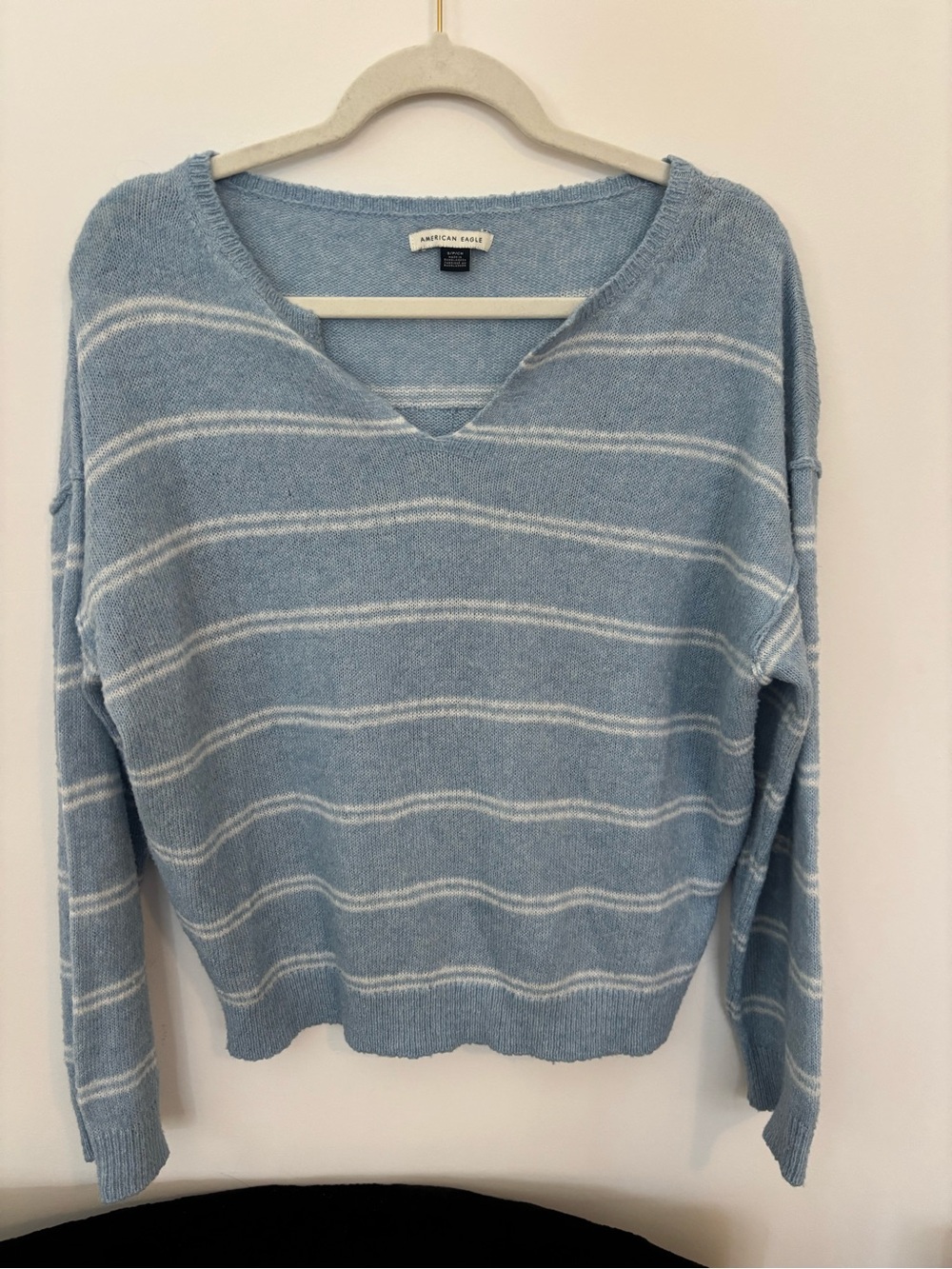 American Eagle Outfitters Sky Blue and White Striped V-Neck Sweater